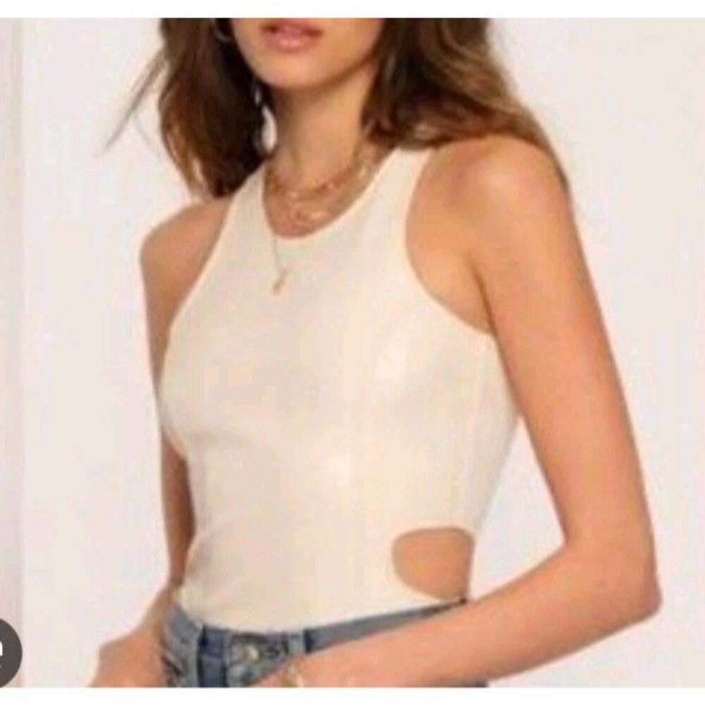NWT Heartloom ABBY Bodysuit Faux Leather Front W/ Side Cutouts Size XS Rib Back
